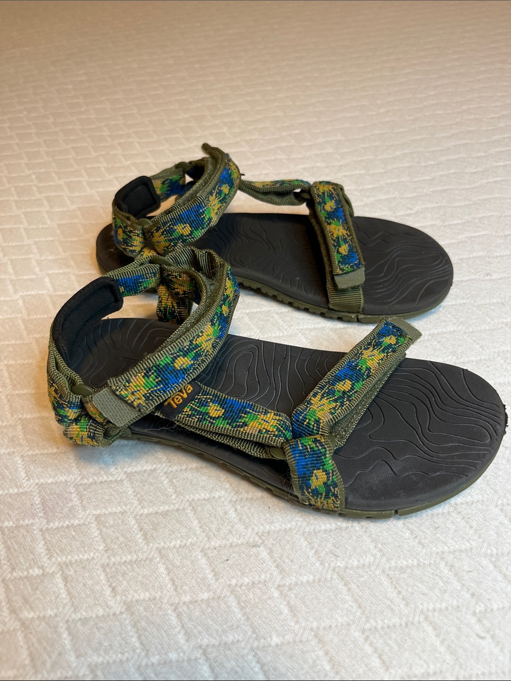 Teva Olive, Blue and Yellow Patterned adjustable Velcro Strap Sandals, kids 3